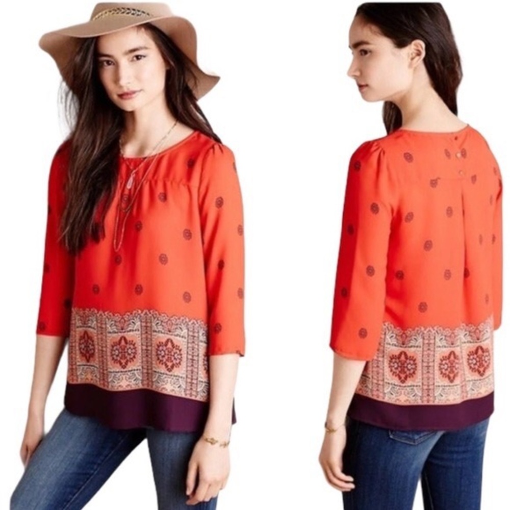 Anthropologie Maeve Rila Bordered Print Blouse 3/4 Sleeve Orange Purple Size 8